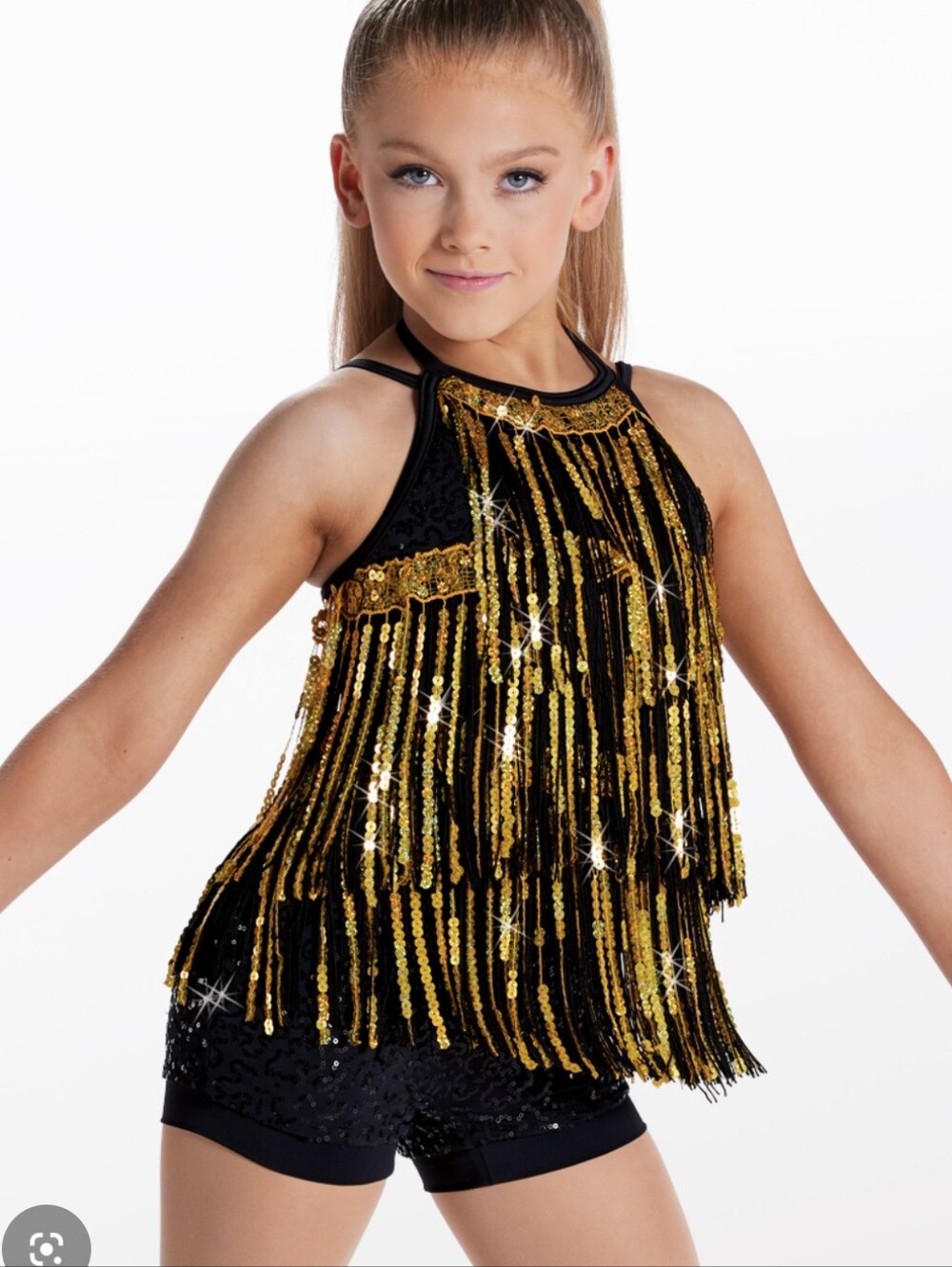 Weissman Girls SC Boom Boom Black & Gold Sequin Fringe Biketard Dance Costume